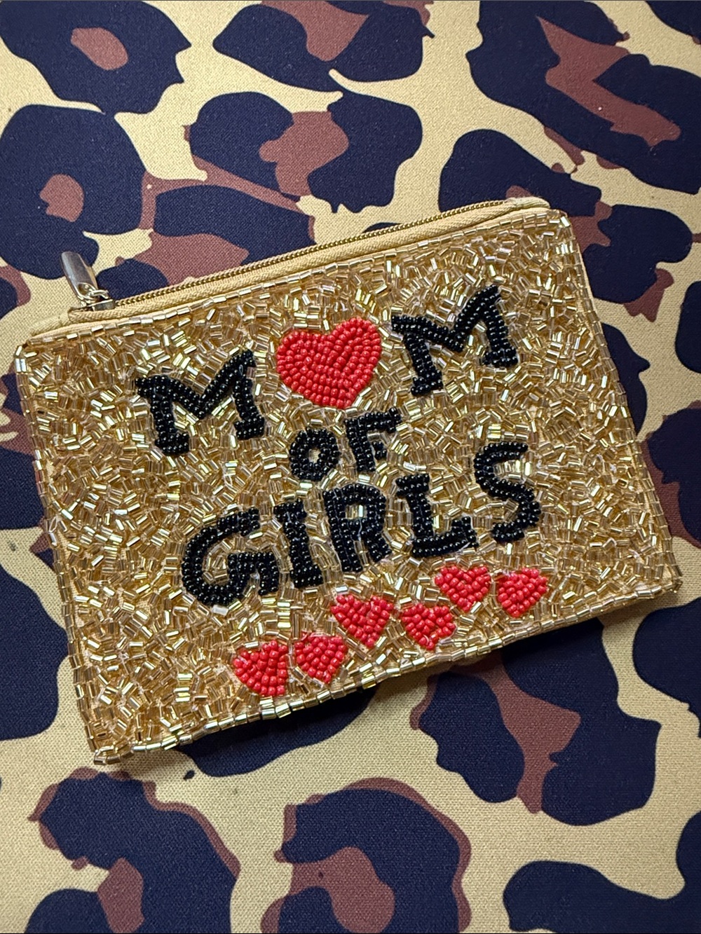 "M♥M OF GIRLS" Gold Beaded Zip Pouch